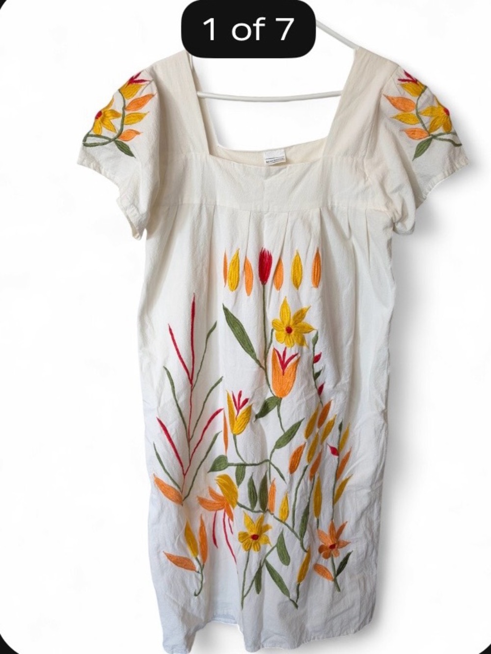 Handmade from Mexico Embroidered Floral Cotton Dress in White, Yellow & Orange